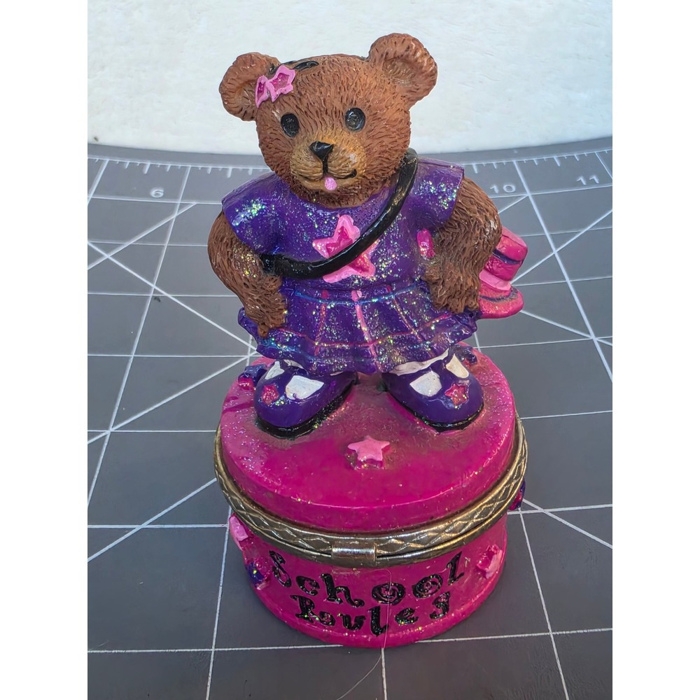 Vintage 1999 Claire's School Rules Bear Trinket Box Purple Glitter Dress Pink